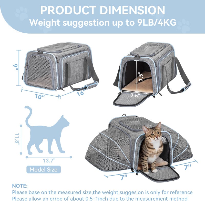 Petsfit Expandable Small Cat Carriers Dog Carrier, Airline Approved Soft-Sided Portable Washable Pet Travel Carrier with Two Extension Up to 9LB - Image 3